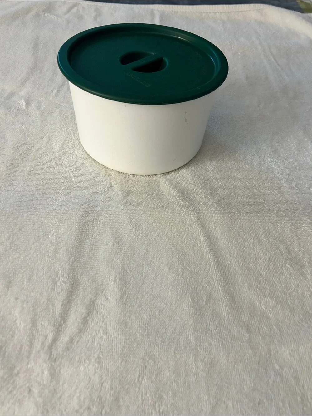 Vintage Tupperware White Pantry Canisters with Green Lids and Scoop